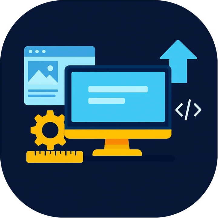 איור מחשב כחול עם חץ מעלה המסמל בניית אתרים ודפי נחיתה